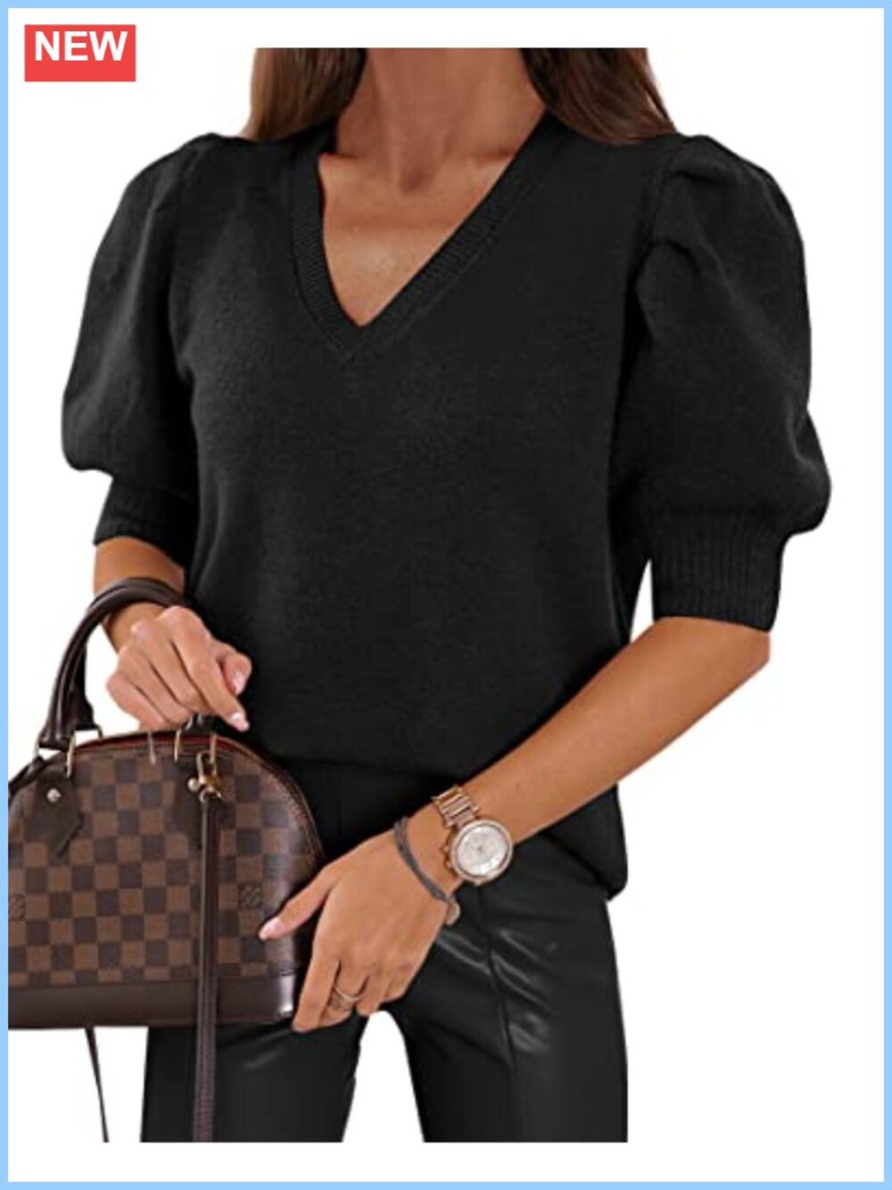 Womens Puff Short Sleeve V Neck Knit Sweater Top Casual Pullover Blouse